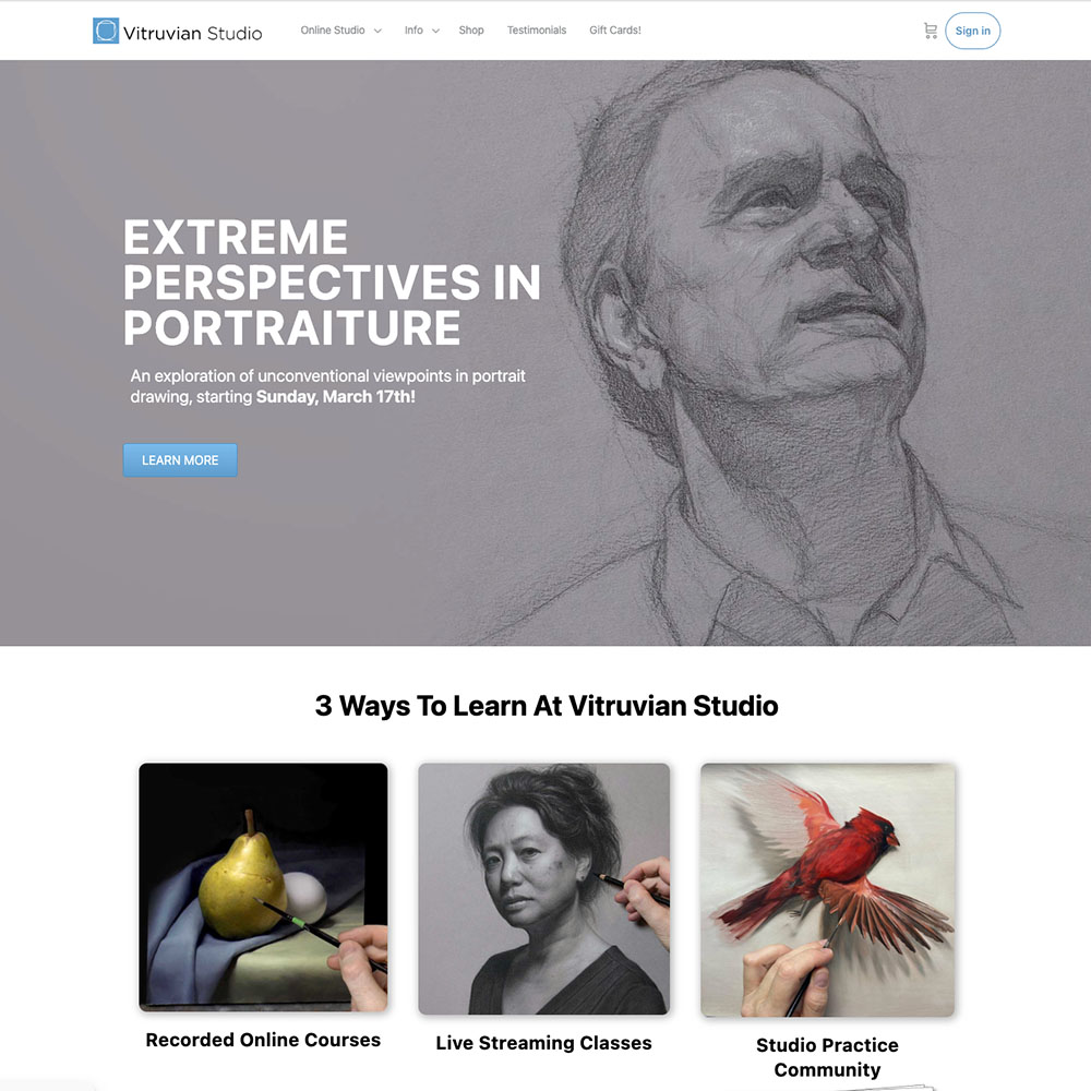 A screen shot of the home page of Vitruvian Fine Art Studio. https://vitruvianstudio.com